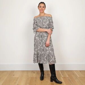 Misa Los Angeles Sz S Grey Floral Off The Shoulder Puff Sleeves Midi Dress